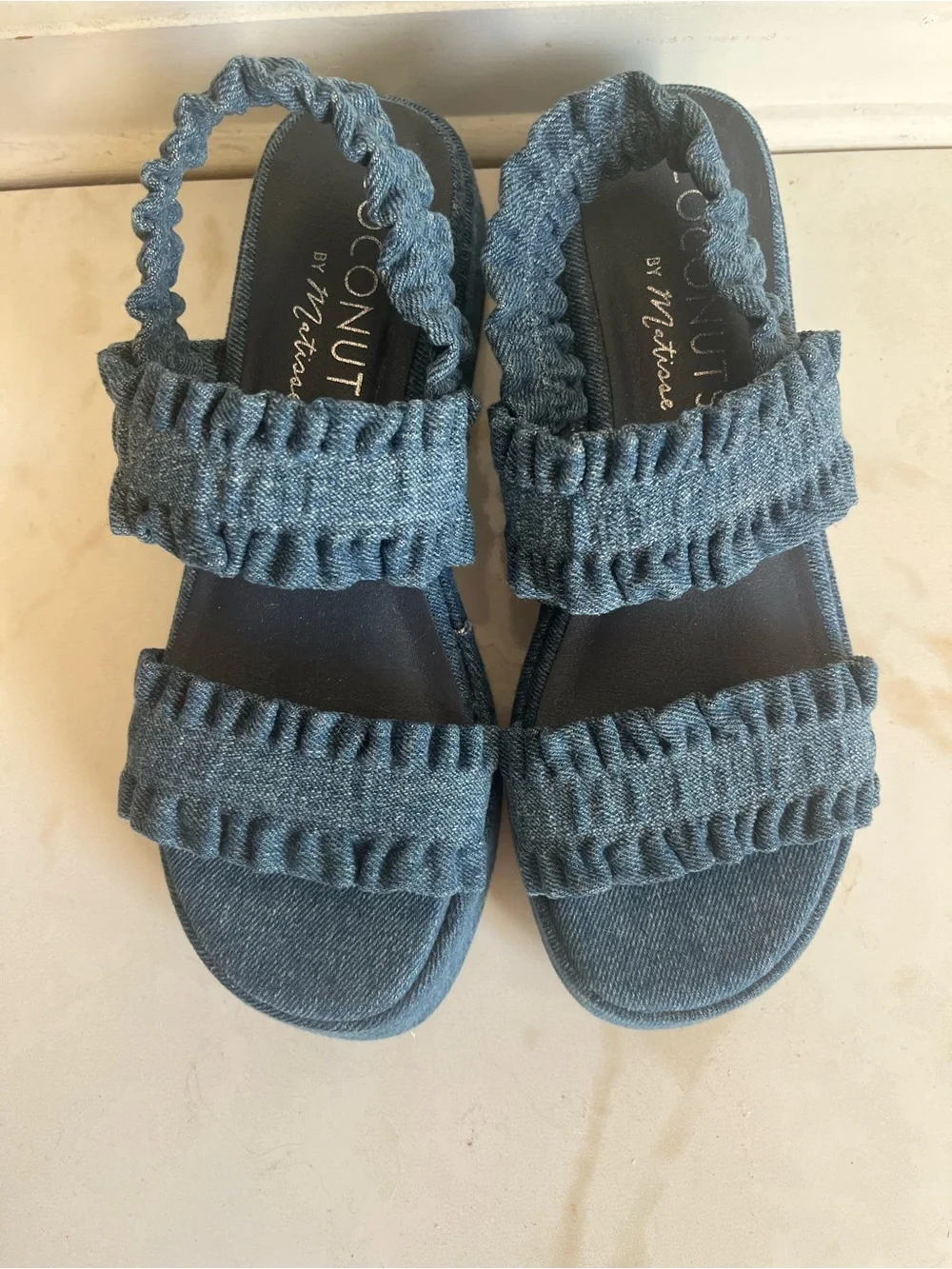 Still in Box: Coconuts by Matisse Blue Denim Ruffle-Strap Platform Sandals 8M